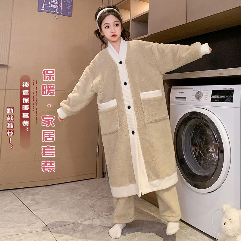 女童睡衣2023秋冬裝新款大童洋氣兒童法蘭絨加厚珊瑚絨家居服套裝