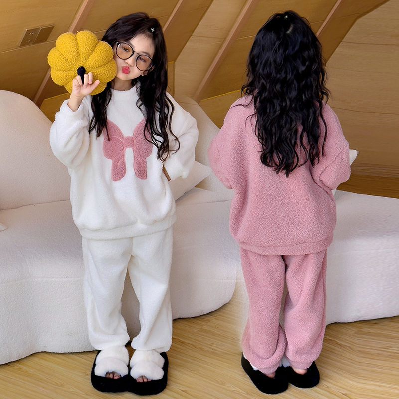 儿童睡衣双面绒卡通两件套中大童可外穿女童秋冬款家居服卡通套装