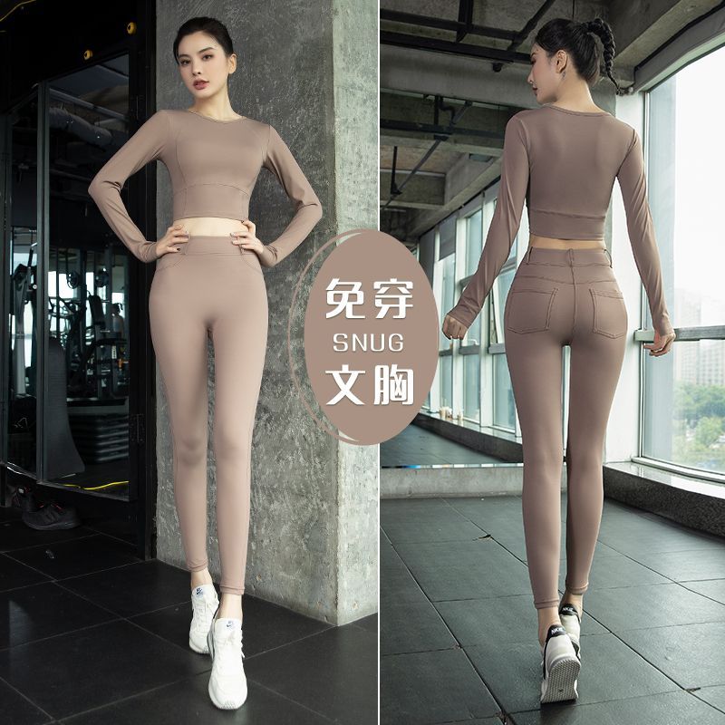 Yoga clothing suit for women with cushions, short navel-baring tight-fitting long-sleeved top, Pilates running gym sportswear
