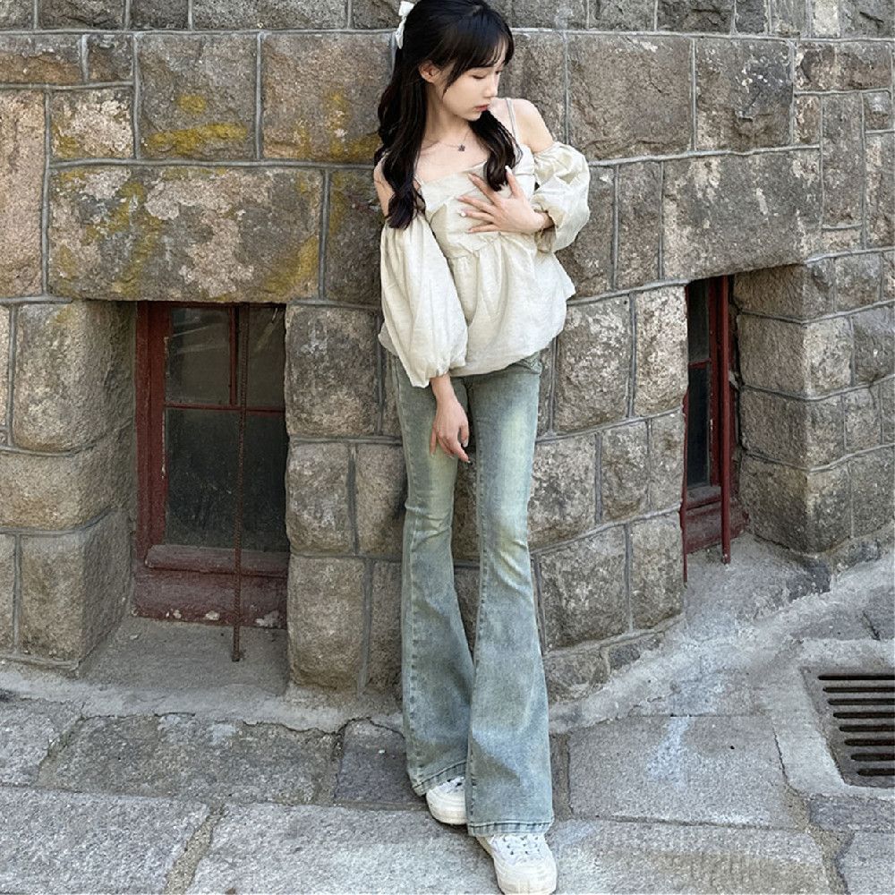 復古水洗做舊黃泥染微喇叭牛仔褲女ins百搭小個子彈力顯瘦馬蹄褲