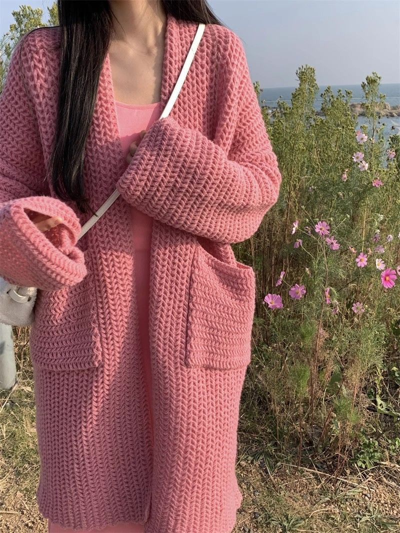Candy color soft waxy knitted cardigan sweater for women autumn and winter 2023 new style lazy style jacket with long top