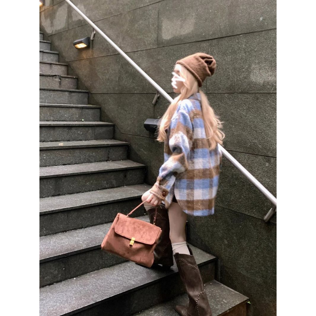 High-end contrasting plaid woolen shirt jacket for women in autumn and winter American retro loose mid-length lazy style coat