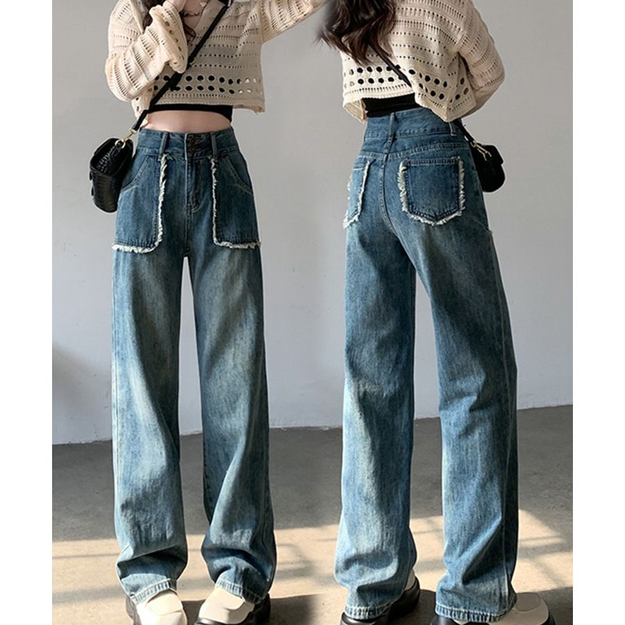 秋季新款復古高腰牛仔褲女顯瘦直筒寬鬆梨形身材氣質垂感闊腿拖地