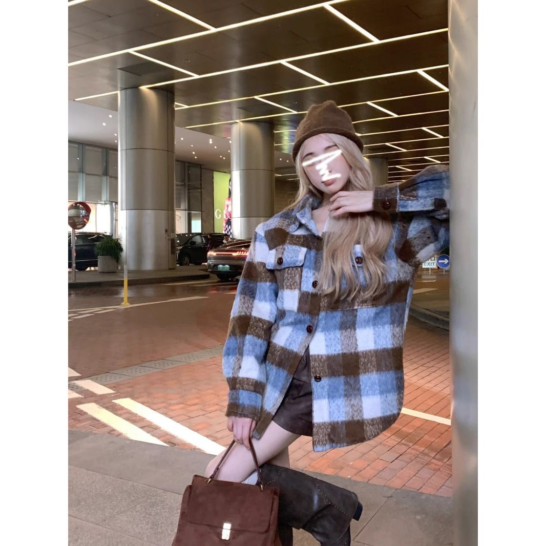 High-end contrasting plaid woolen shirt jacket for women in autumn and winter American retro loose mid-length lazy style coat