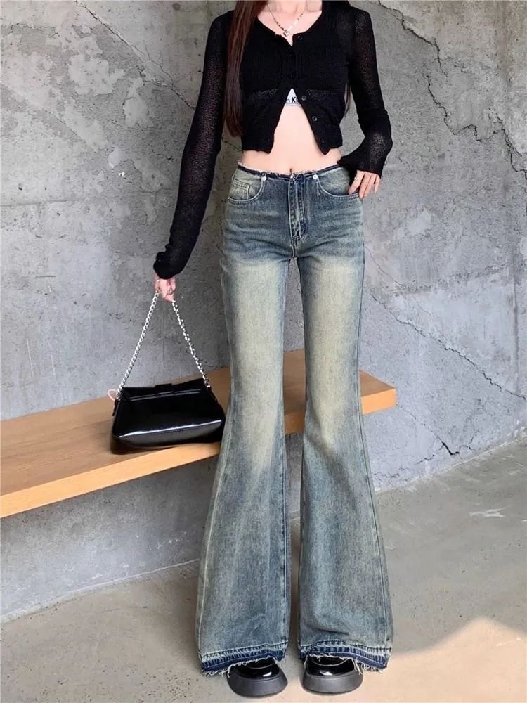 美式復古微喇牛仔褲女高街辣妹寬鬆顯瘦設計感低腰毛邊闊腿喇叭褲