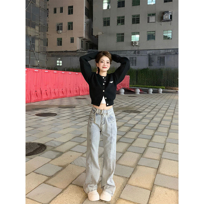 美式復古小個子高腰設計感小眾微喇牛仔褲女2023年新款直筒闊腿褲