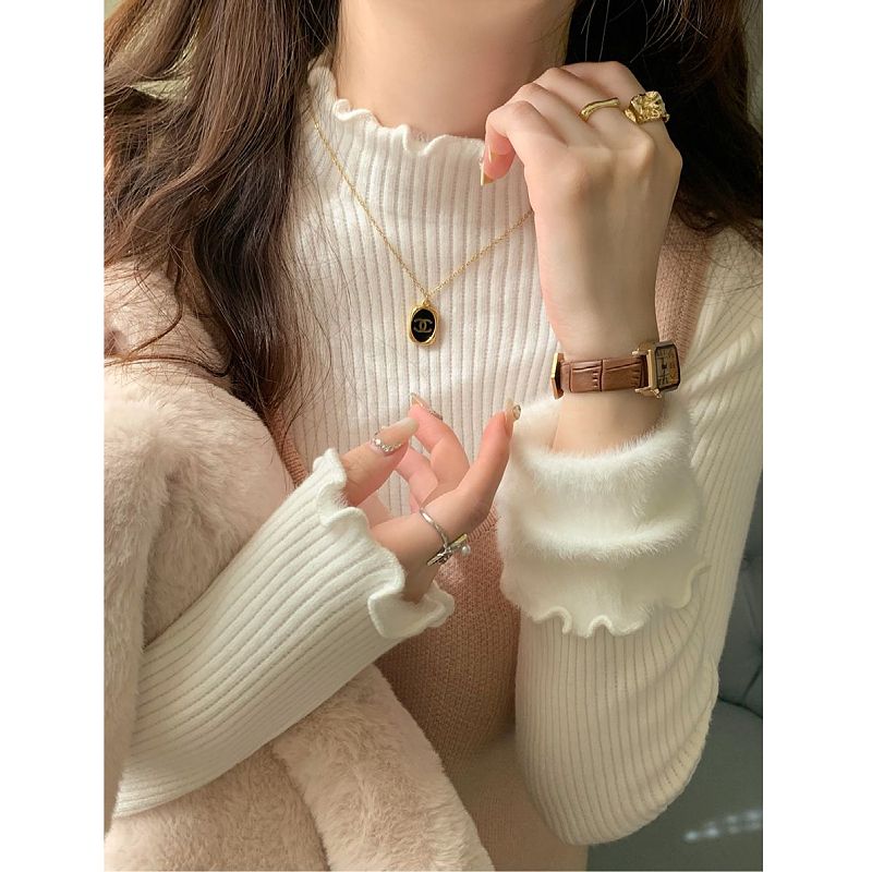 Women's sweater bottoming shirt 2023 autumn and winter new style velvet thickened high-quality inner white imitation mink velvet top