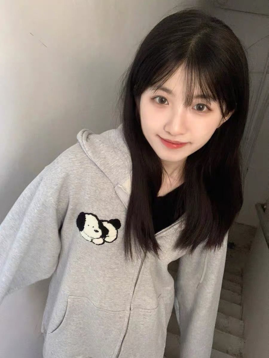 美式復古刺繡小狗連帽衛衣女小眾設計感慵懶風bf情侶加絨加厚外套