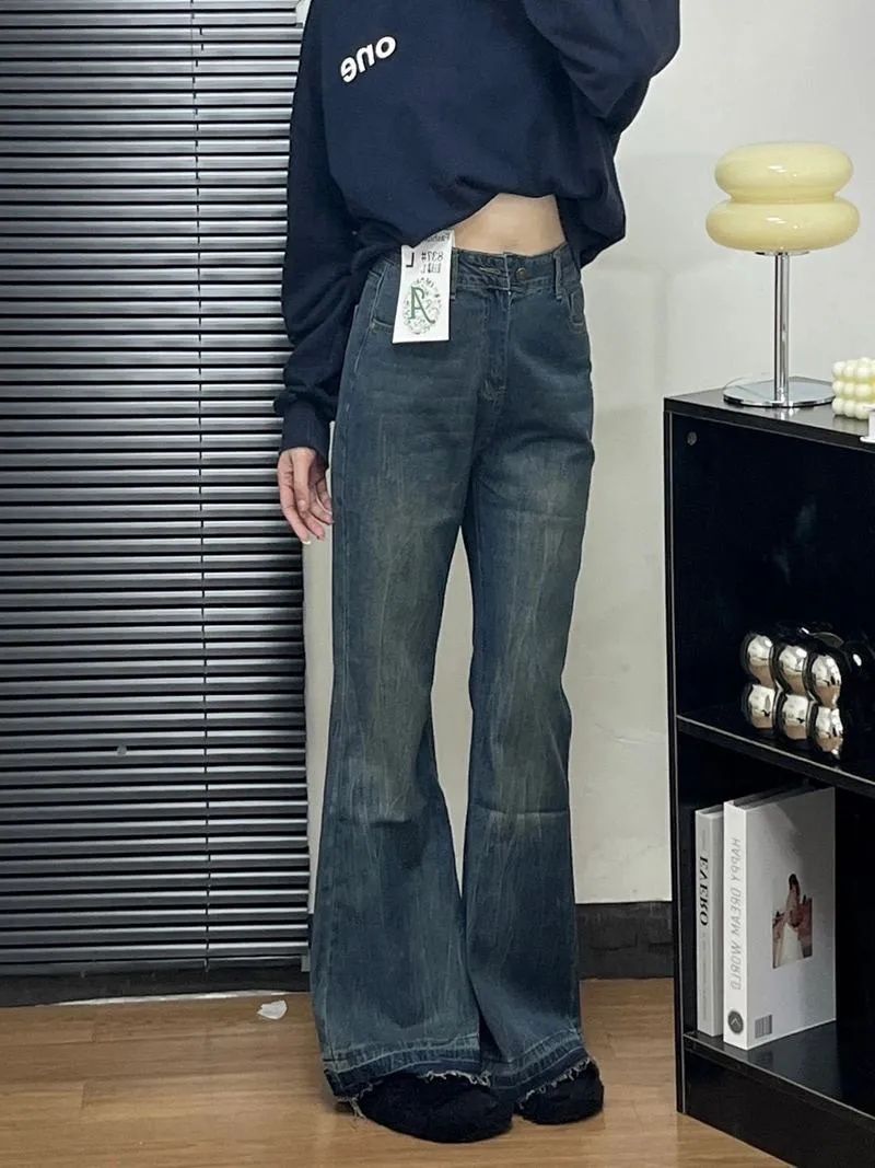美式复古微喇叭牛仔裤女春秋新款设计感高腰宽松腿裤子