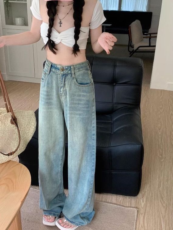 做舊復古藍高腰牛仔褲女2023秋季新款寬鬆顯瘦垂感直筒闊腿拖地褲