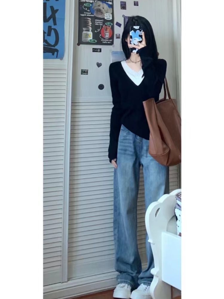 小個子秋季新款復古高腰闊腿牛仔褲女直筒顯瘦寬鬆百搭拖地長褲潮
