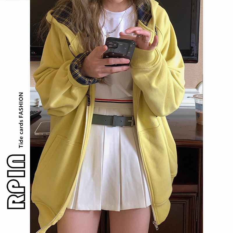 RPIN large size fat m2-300 pounds autumn and winter American design niche plaid splicing hooded jacket and sweatshirt for women