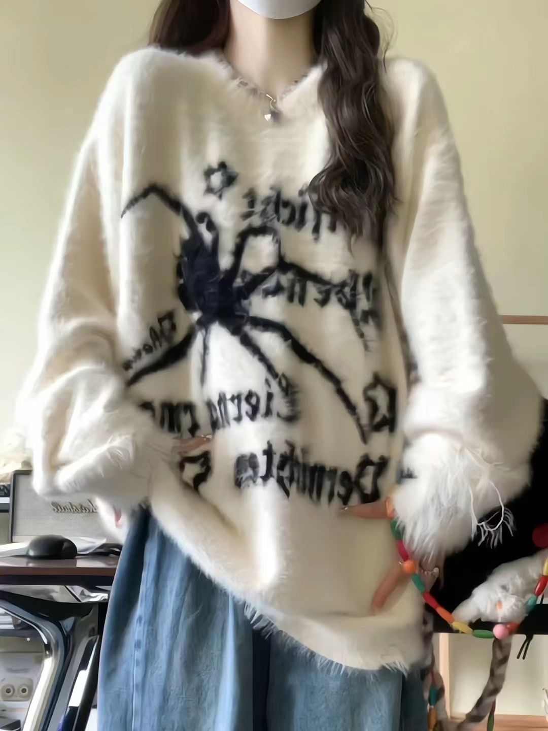 高級感寬鬆hiphop水貂絨毛衣外套女秋冬加厚氛圍感慵懶風針織上衣