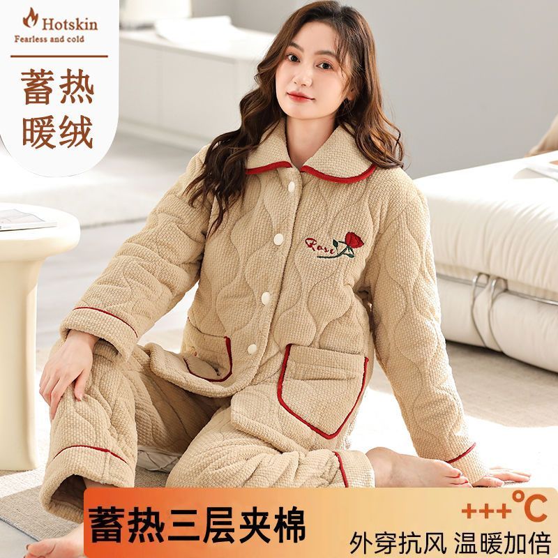 睡衣女秋冬季開衫三層加厚珊瑚絨夾棉襖加絨保暖法蘭絨家居服套裝