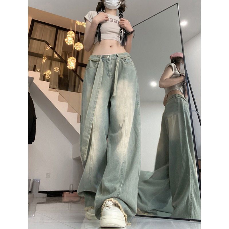 美式垂感綁帶設計長褲高腰牛仔褲女辣妹秋冬季百搭拖地闊腿褲子潮