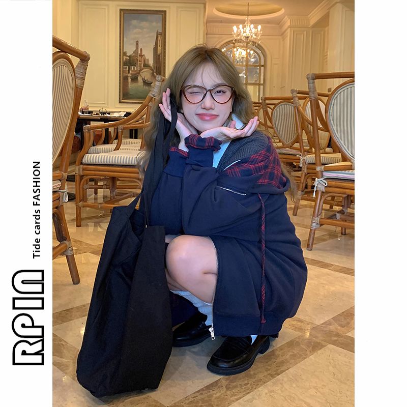 RPIN large size 300 pounds American retro design niche plaid splicing hooded jacket autumn and winter sweatshirt for women