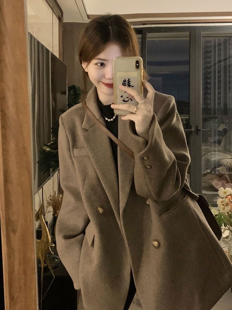 高級感西裝毛呢外套女2023秋冬季美拉德寬鬆顯瘦加厚保暖呢子大衣