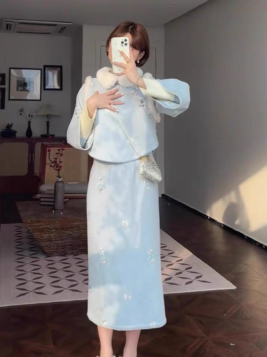 蕾英俊-芷悅新中式國風套裝女秋冬季加絨加厚馬甲連衣裙兩件套女