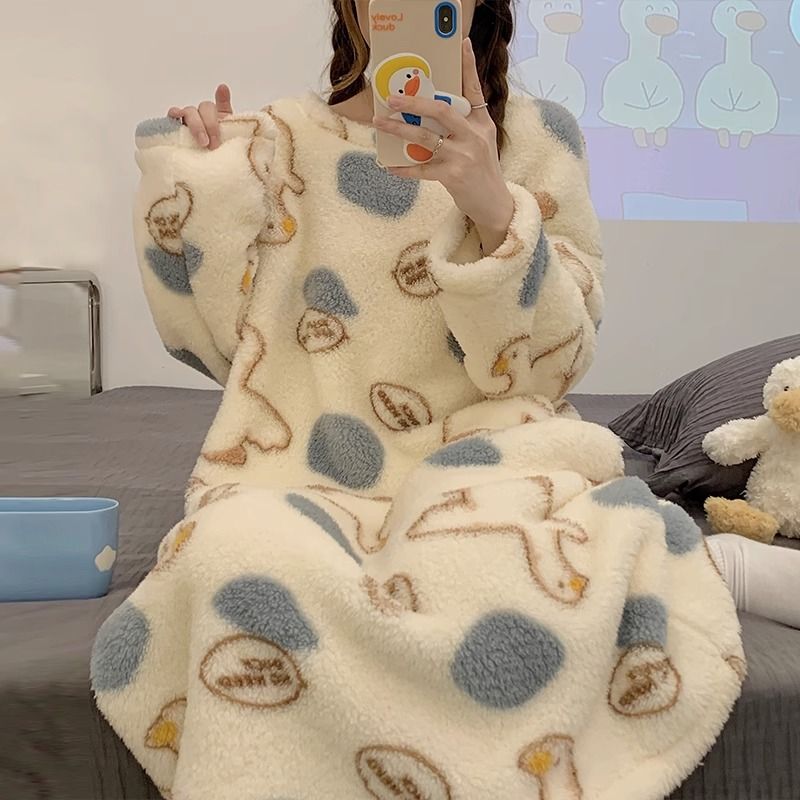 睡裙女秋冬季可愛網紅風加絨加厚珊瑚絨寬鬆大碼中長款睡衣家居服