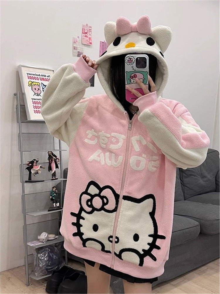 可愛凱蒂貓搖粒絨連帽衛衣拉鏈外套女情侶開衫女寬鬆搞怪秋冬絨衫