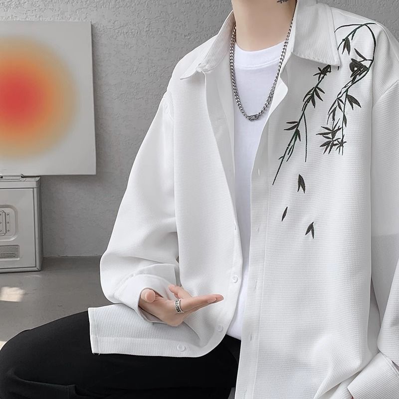 New Chinese style bamboo embroidered waffle shirt men's national style high-end long-sleeved shirt loose trendy versatile top