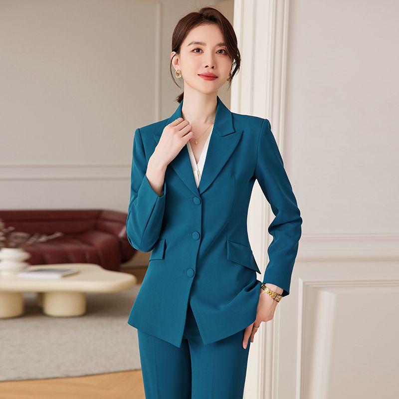 高端藍色三扣西裝套裝女氣質女神范物業接待工作服職業小西裝外套