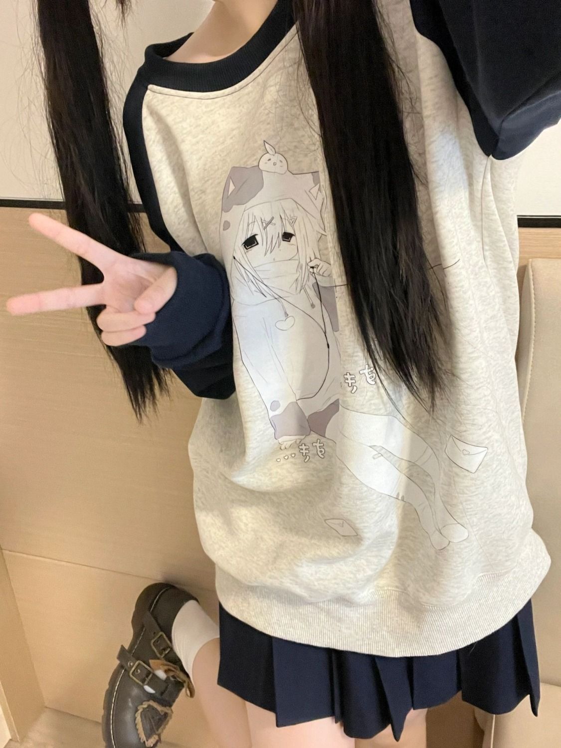 日系可愛亞文化插肩袖拼接衛衣女秋冬新款寬鬆動漫軟妹上衣女學生