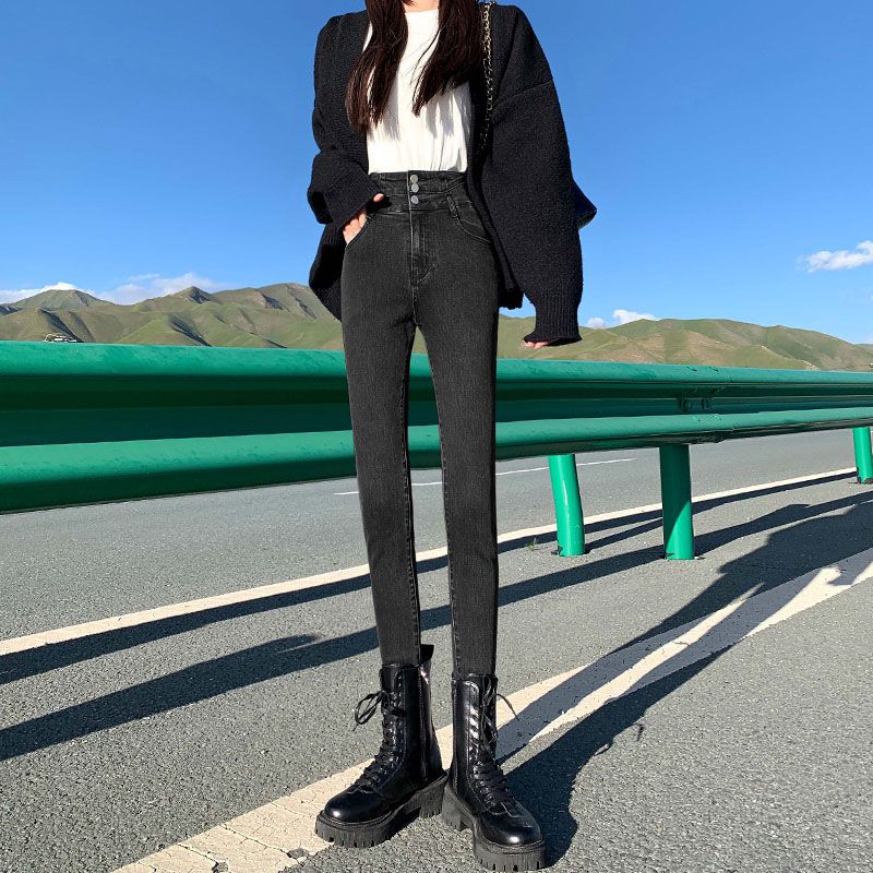 超高腰三扣牛仔褲女緊身顯瘦加厚小腳鉛筆褲2023新款秋冬季高檔