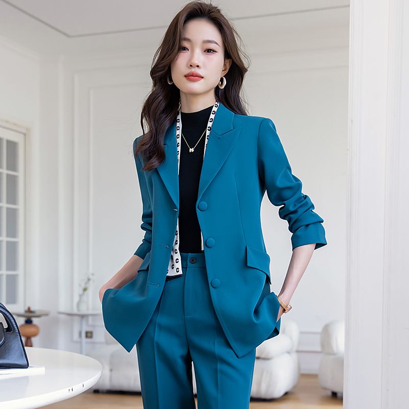 湖藍色西裝外套女秋冬季新款韓版西服職業套裝時尚休閒高級感上衣