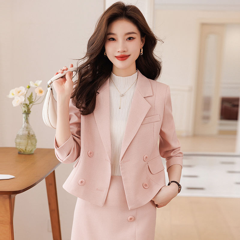粉色短款西裝外套女小個子2023新款秋冬職業氣質小香風西服套裝裙