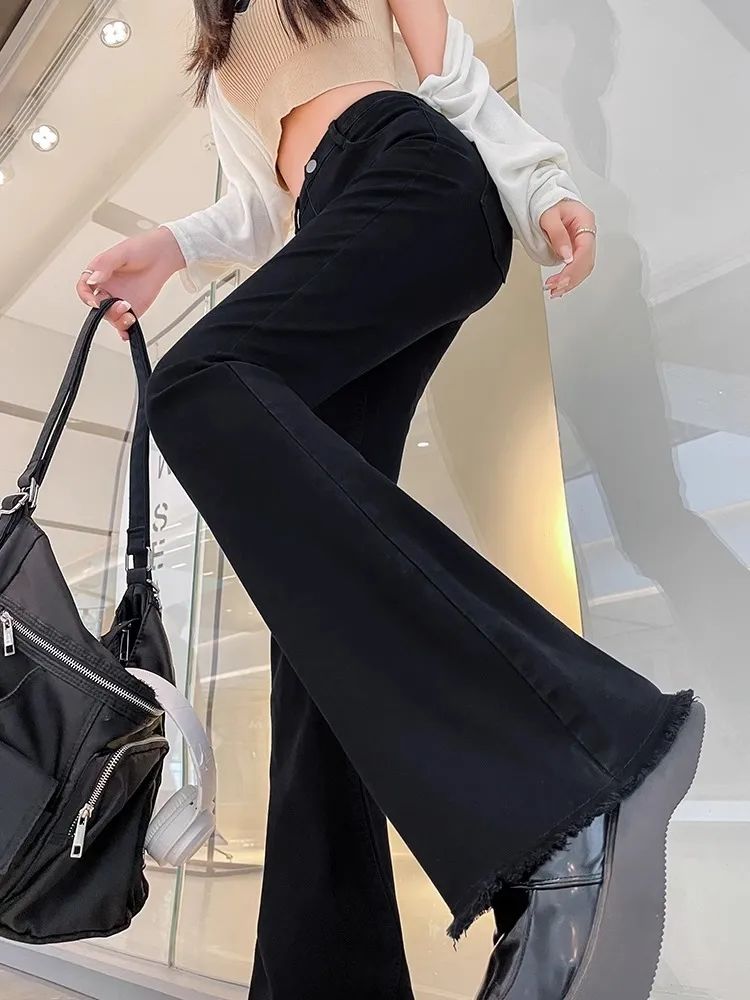 黑色毛邊加長微喇牛仔褲女秋冬新款高腰彈力修身顯瘦拖地喇叭褲子