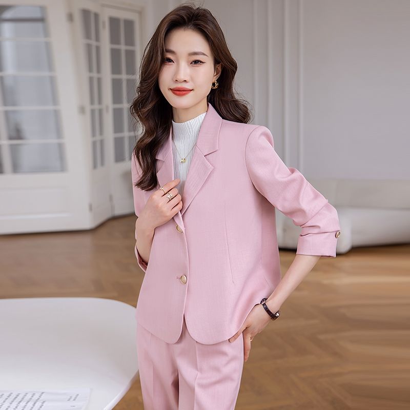 粉色短款西裝外套女秋季2023新款小個子職業裝氣質休閒小西服套裝