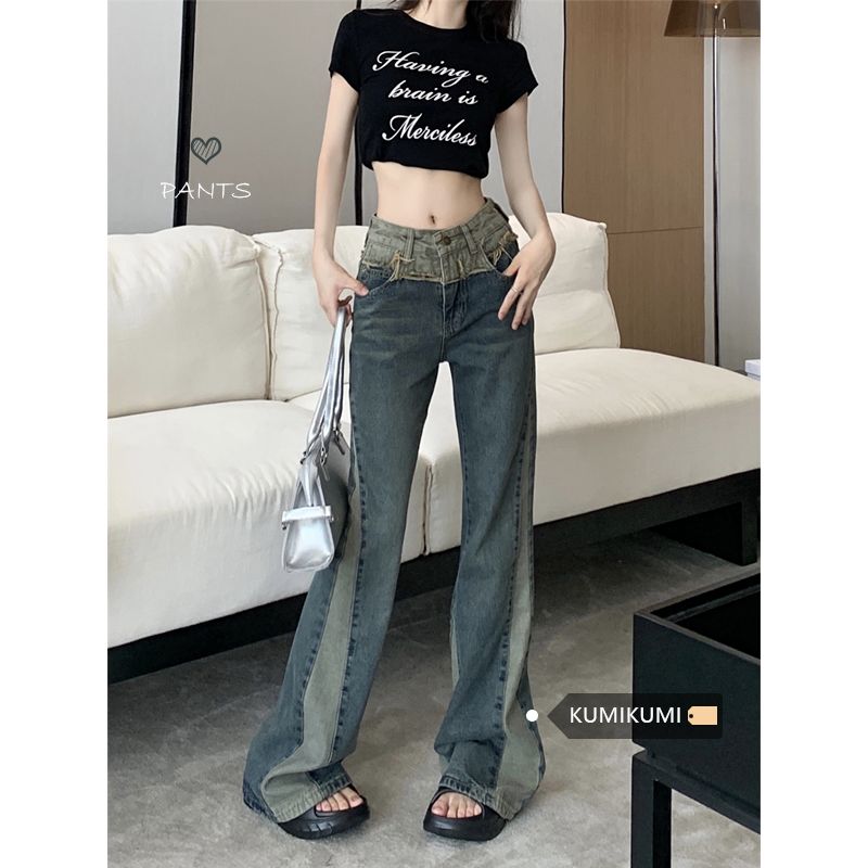 韓版復古水洗撞色微喇褲牛仔褲女秋季高腰時尚闊腿褲拖地褲長褲子