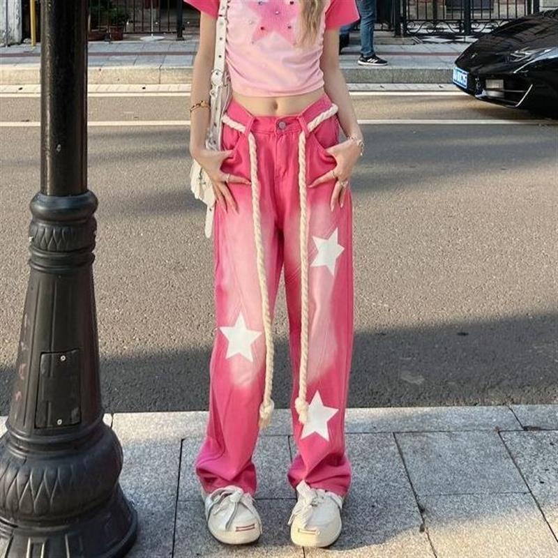 星星牛仔褲女寬鬆款多巴胺女孩穿搭設計甜辣風設計感小眾高街直筒