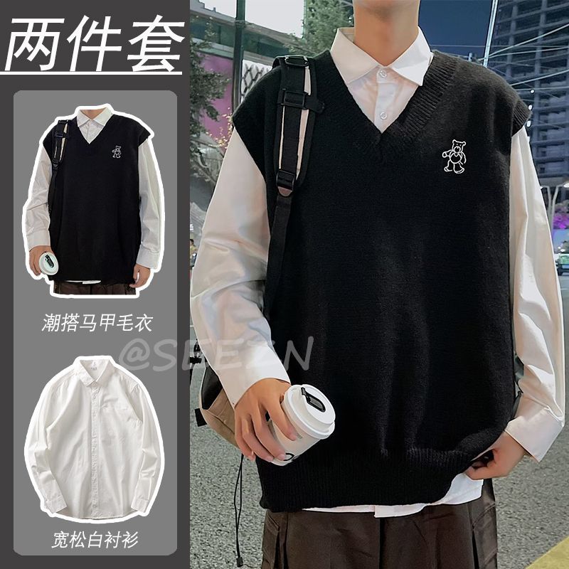 Spring and Autumn Retro College Style Sweater Vest Men's Korean Style Couple Trendy Sleeveless Vest V-neck Sweater Suit