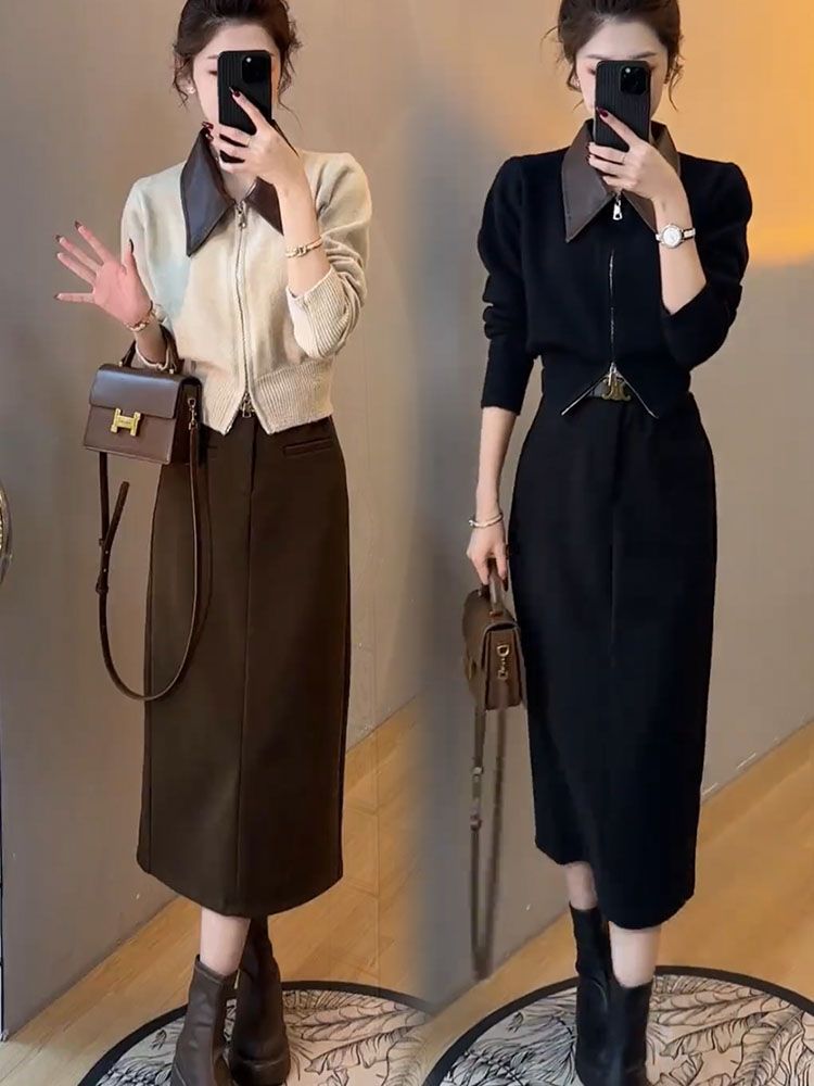 藍海奕諾洋氣短款針織衫高腰半身裙套裝女2023秋冬氣質毛衣兩件套