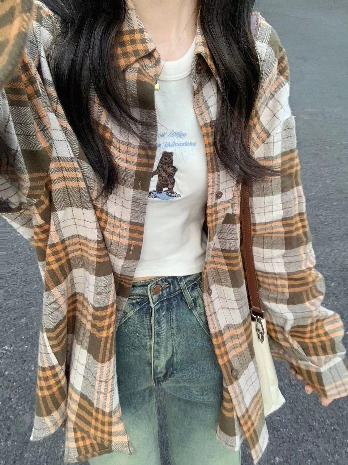 2023秋冬款復古chic卡其色格子襯衫女內搭外穿韓系慵懶風長袖襯衣