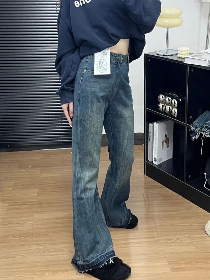 美式復古微喇叭牛仔褲女2023春秋新款設計感高腰寬鬆腿褲子