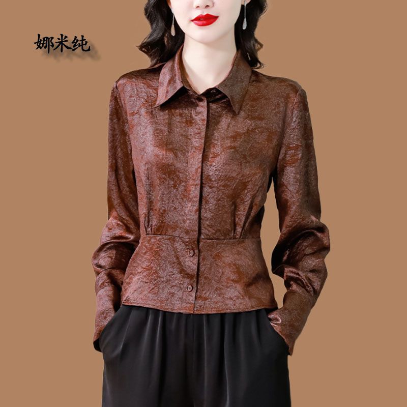 香雲紗印花長袖襯衫女秋季2023新款氣質收腰短款上衣百搭時髦襯衣