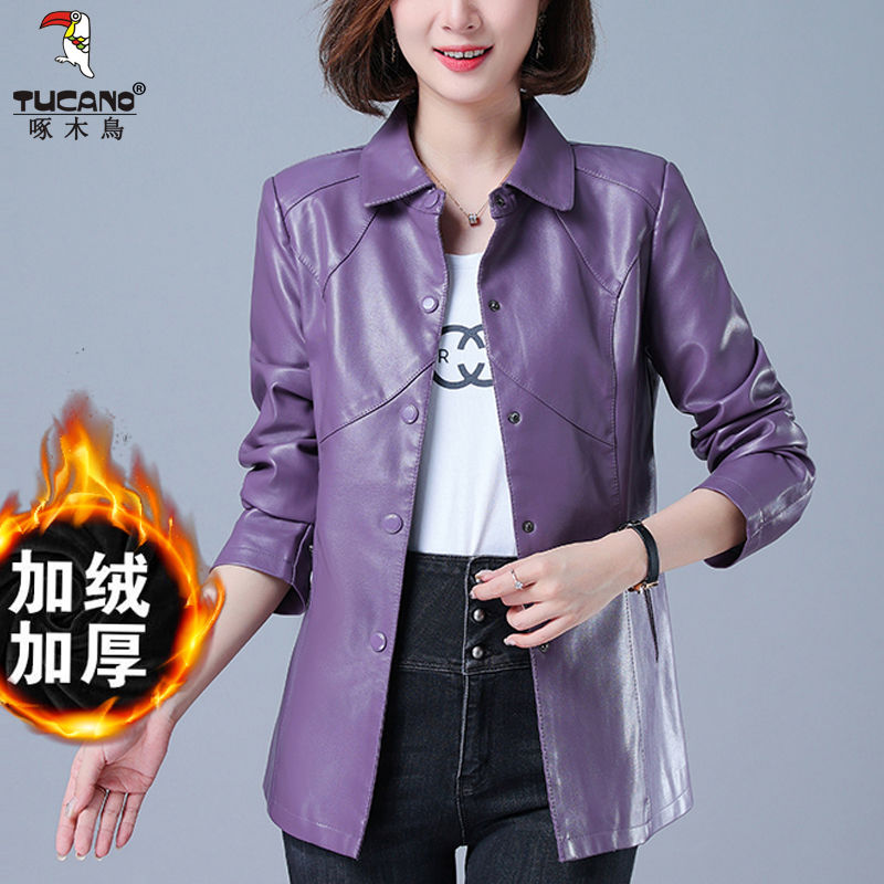 Woodpecker popular leather jacket women's velvet mid-length leather jacket new super soft slim fit large size women's top