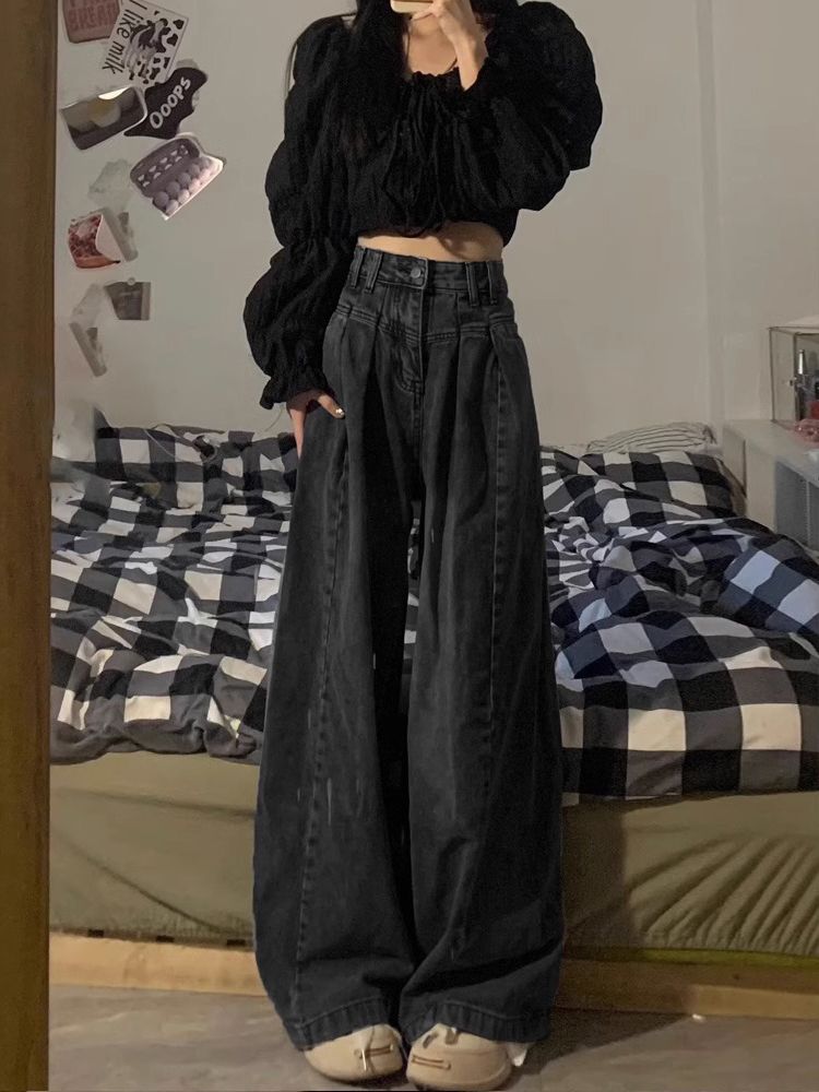 黑色褶皺大闊腿牛仔褲女秋季新款高腰寬鬆顯瘦百搭直筒拖地褲子潮