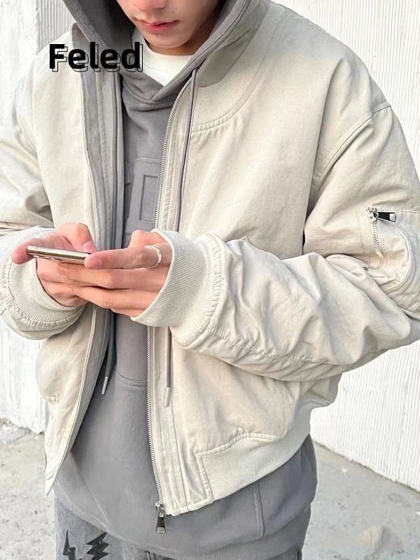 Feila Denton autumn and winter trendy retro solid color bomber jackets for men and women street loose and versatile baseball uniforms