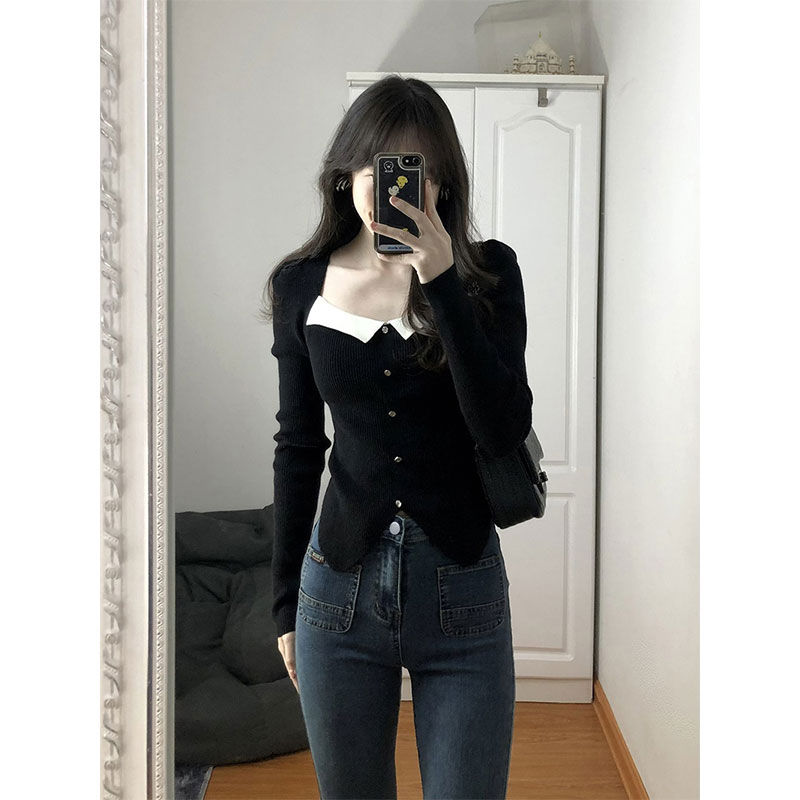 法式復古小香風方領針織打底衫女秋冬內搭設計感小眾別致絕美上衣