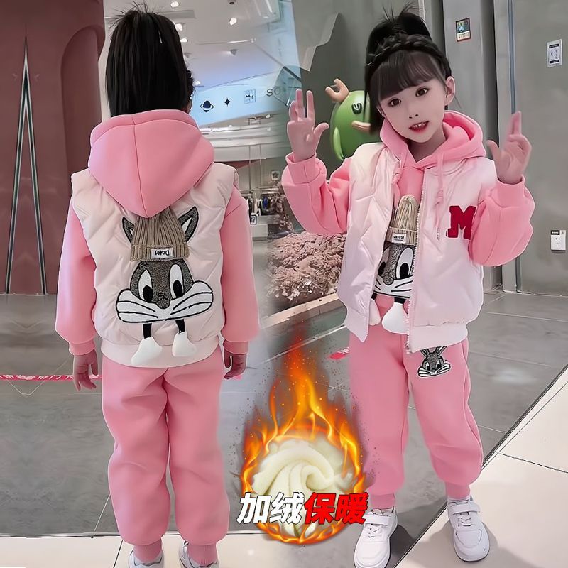 Girls winter suit rabbit plus velvet sweatshirt thickened vest warm pants 2023 new baby girl children's clothing trend