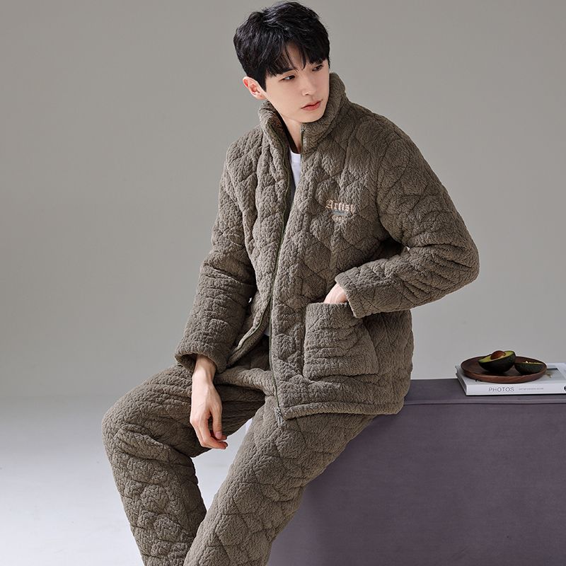 睡衣男士冬季加厚加绒珊瑚绒三层夹棉袄男式保暖可外穿家居服套装