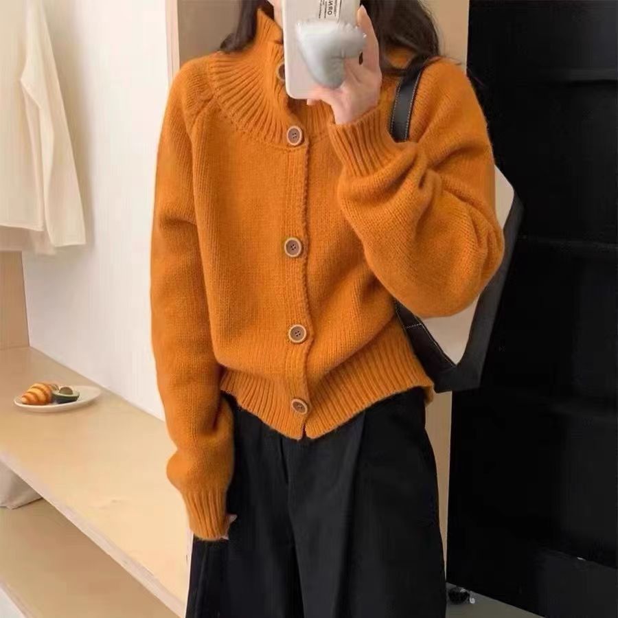 橘色毛衣高領穿搭外套女2023年秋季新款洋氣百搭寬鬆氣質針織開衫