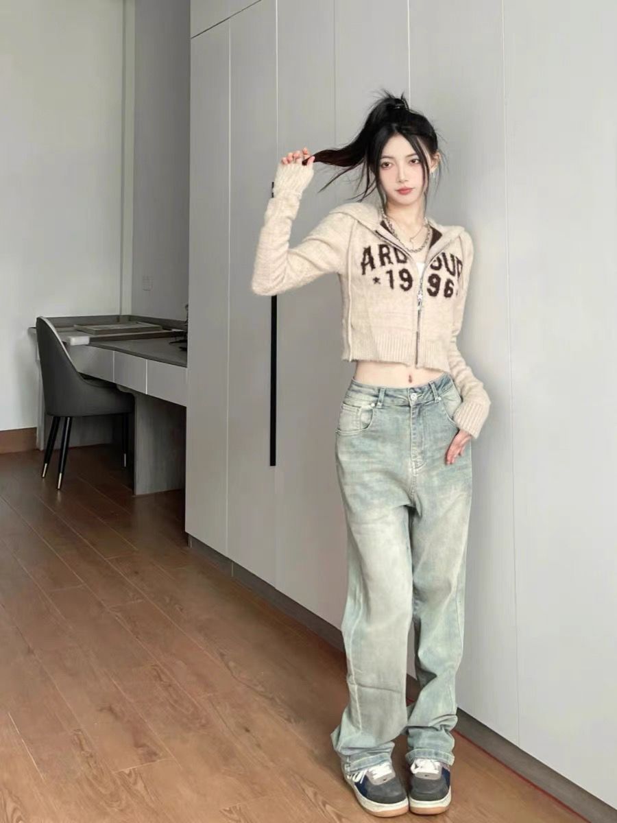 韓版黃泥染復古牛仔褲女潮高街2023秋冬高腰顯瘦直筒寬鬆拖地褲子