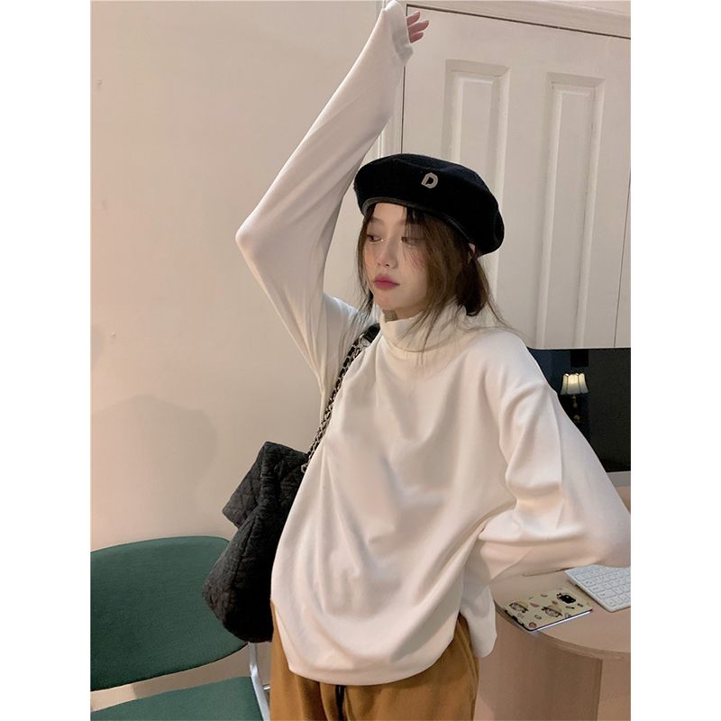 加厚高領打底T恤女秋冬韓版2023新款內搭磨毛加絨保暖長袖上衣ins