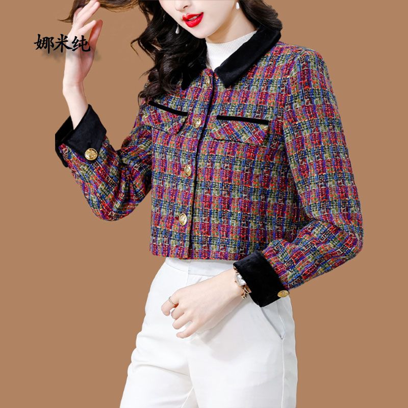 粗花呢外套女春秋2023新款媽媽格子復古洋氣今年流行時尚短款上衣
