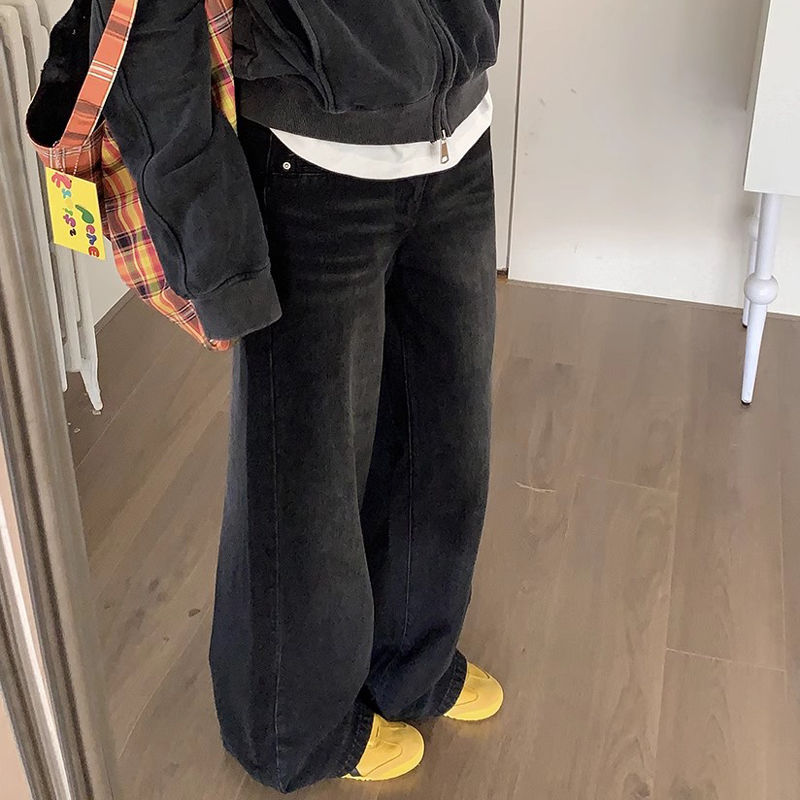 黑色水洗做舊牛仔褲女小個子美式寬鬆直筒褲子高腰闊腿拖地長褲